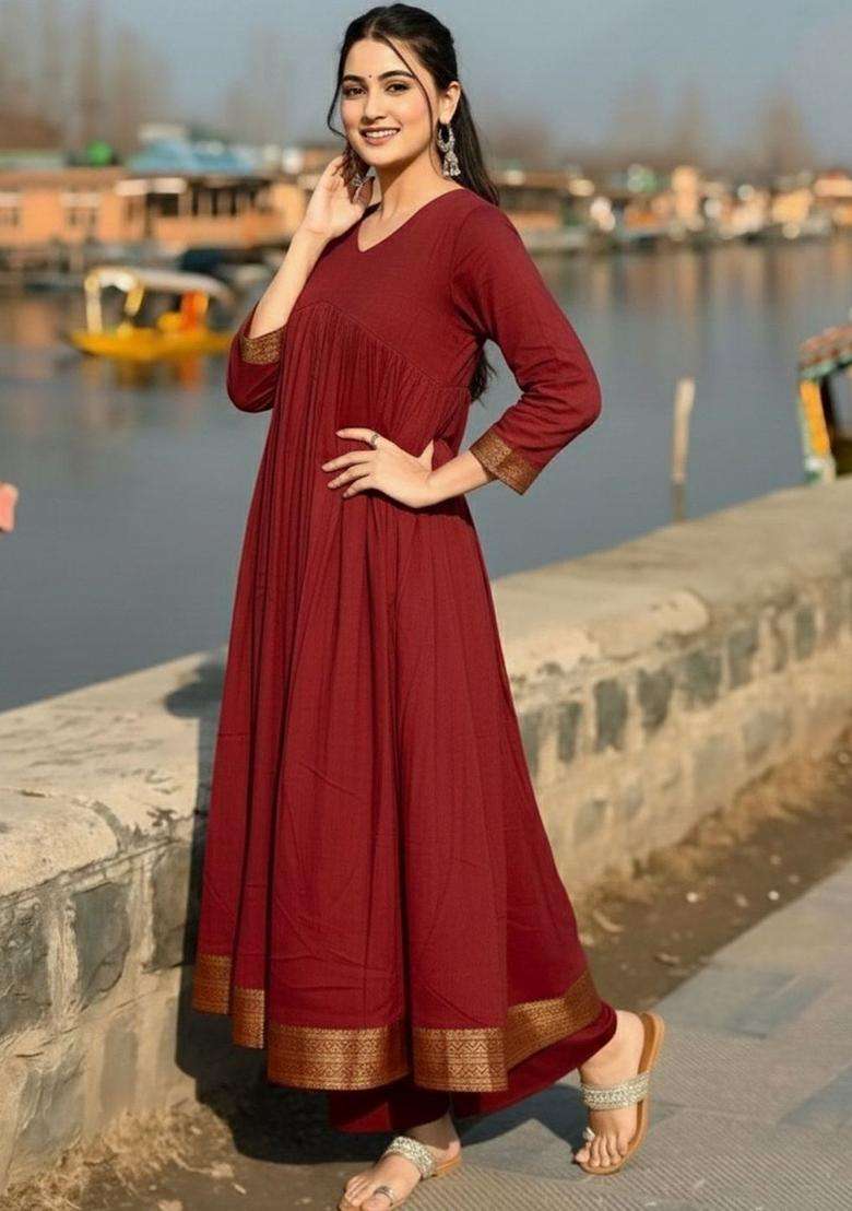 Maroon Solid Viscose Kurta Set - Indya