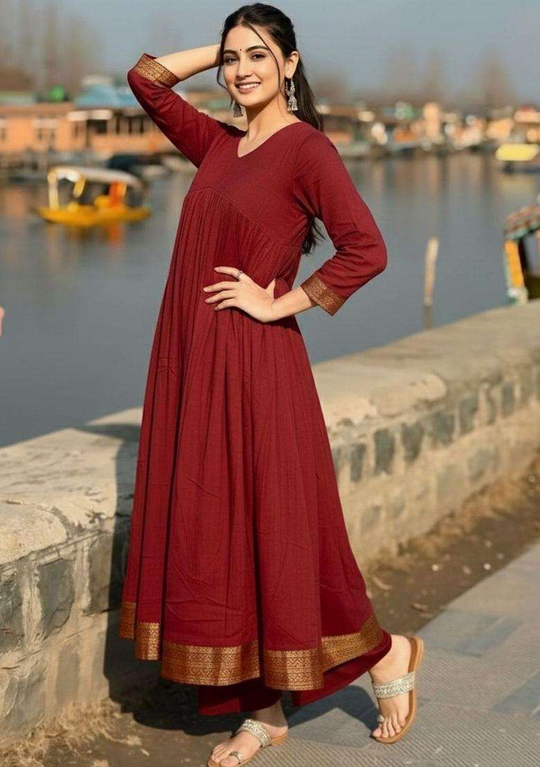 Maroon Solid Viscose Kurta Set - Indya