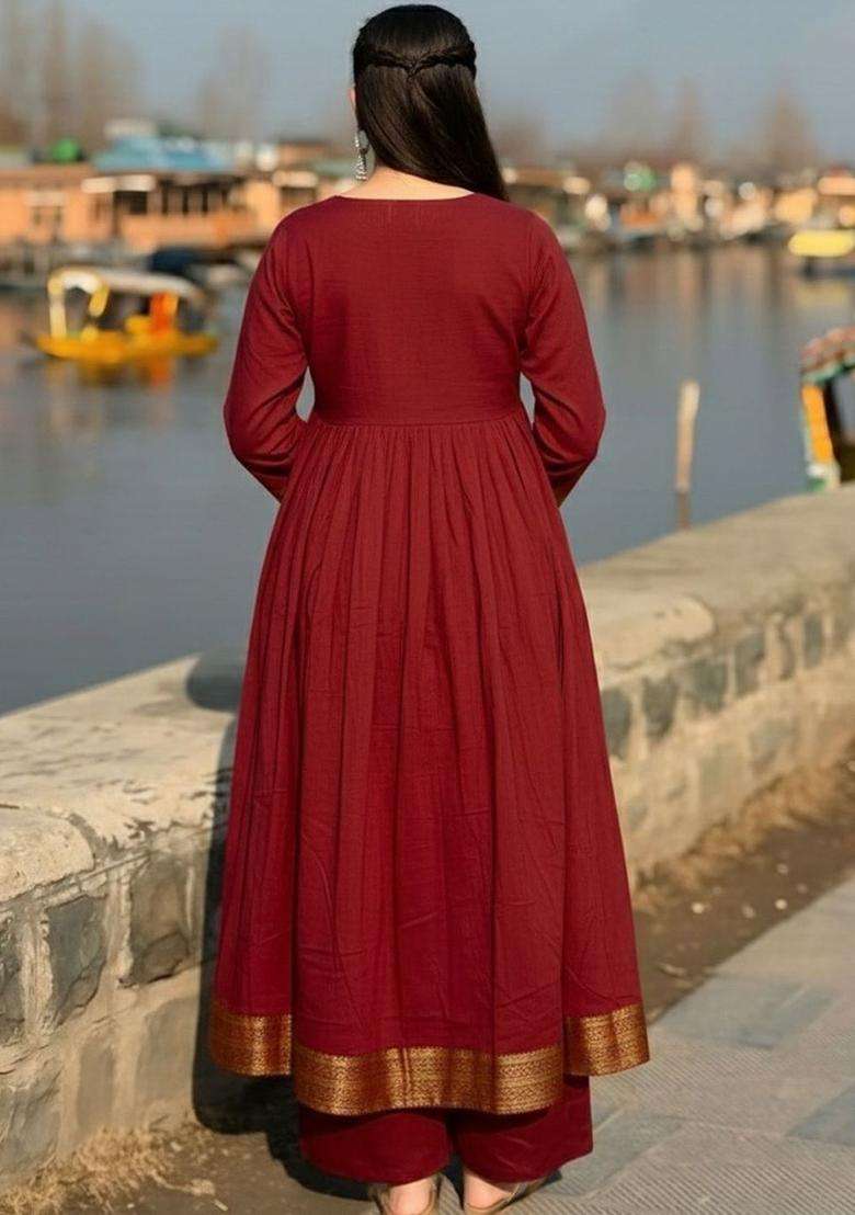 Maroon Solid Viscose Kurta Set - Indya