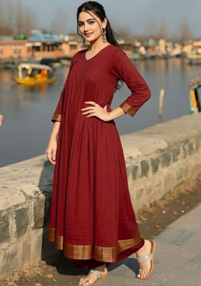 Maroon Solid Viscose Kurta Set - Indya