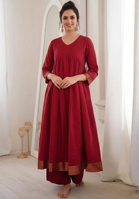 Red Solid Viscose Kurta Set