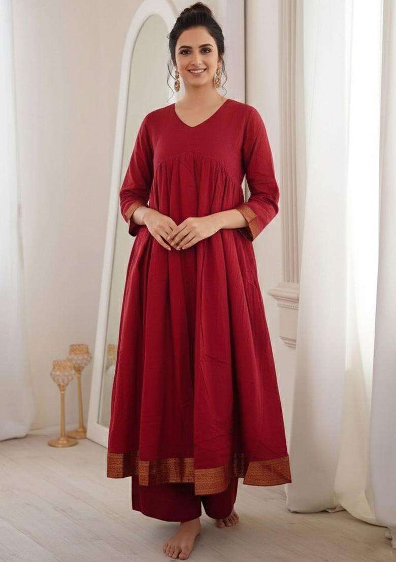 Red Solid Viscose Kurta Set - Indya