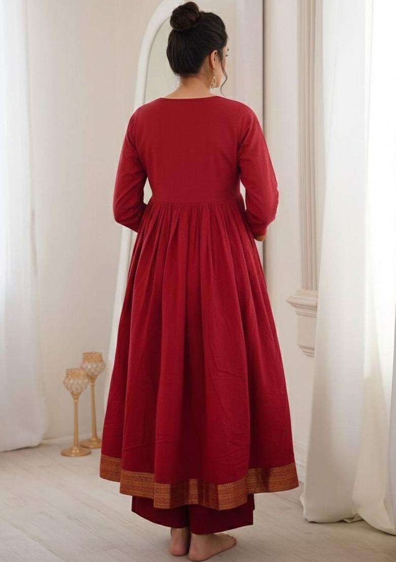 Red Solid Viscose Kurta Set - Indya