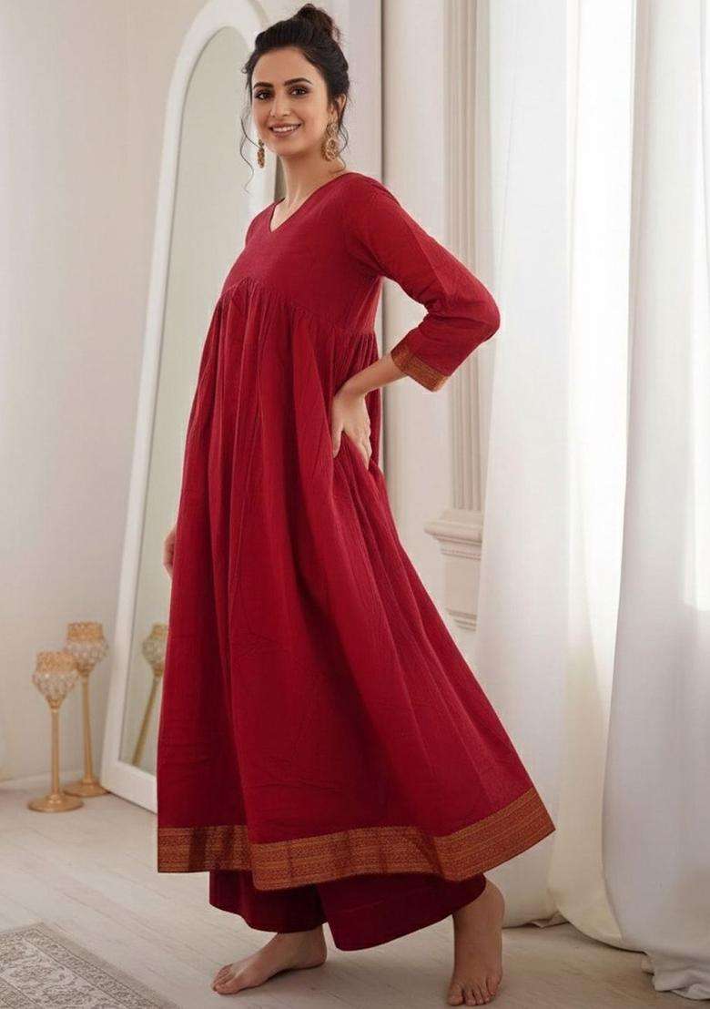 Red Solid Viscose Kurta Set - Indya