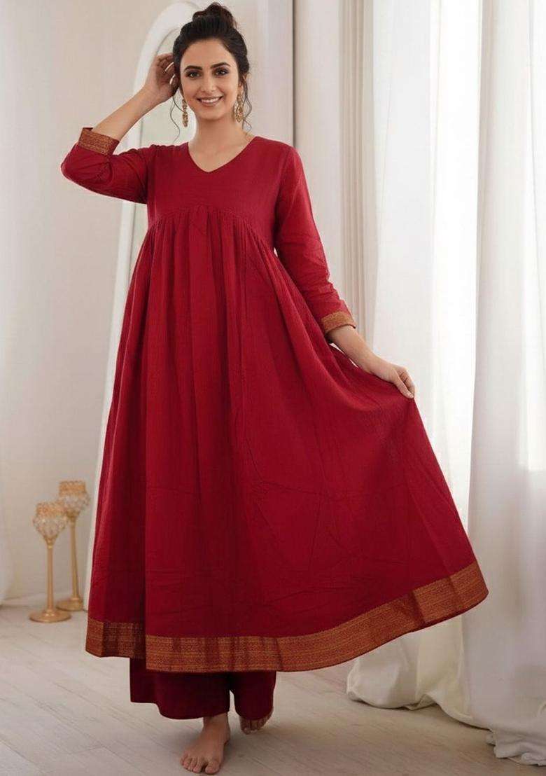Red Solid Viscose Kurta Set - Indya
