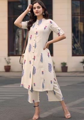 Off White Printed Viscose Kurta Set