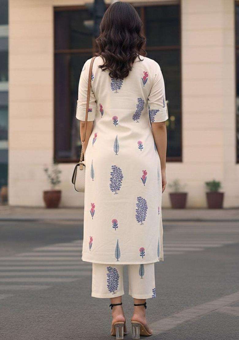 Off White Printed Viscose Kurta Set - Indya