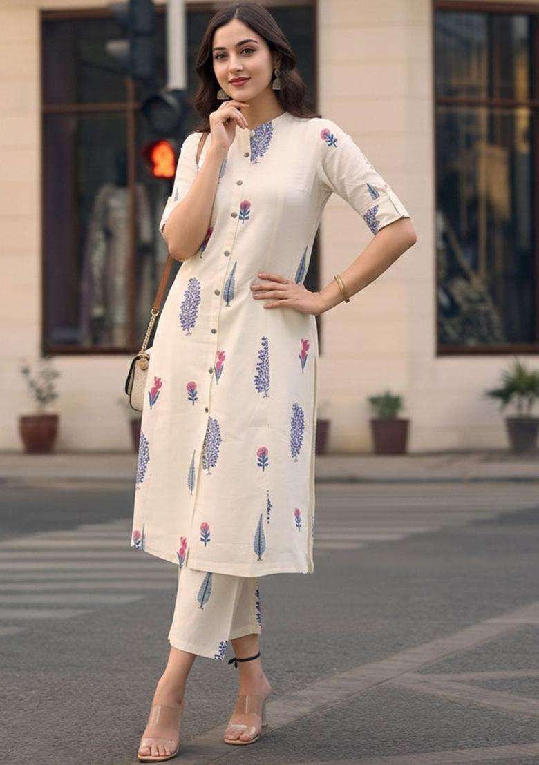 Off White Printed Viscose Kurta Set - Indya