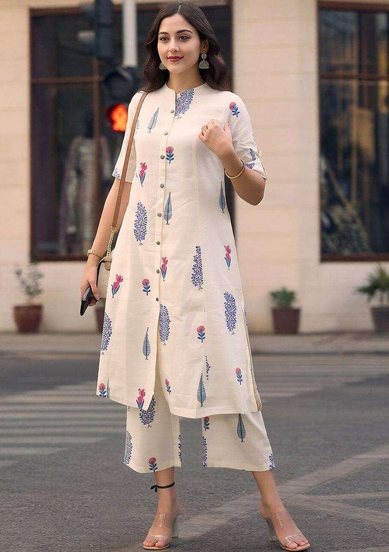 Off White Printed Viscose Kurta Set - Indya