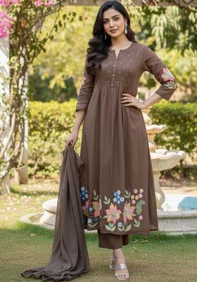 Brown Embroidered Viscose Kurta Set