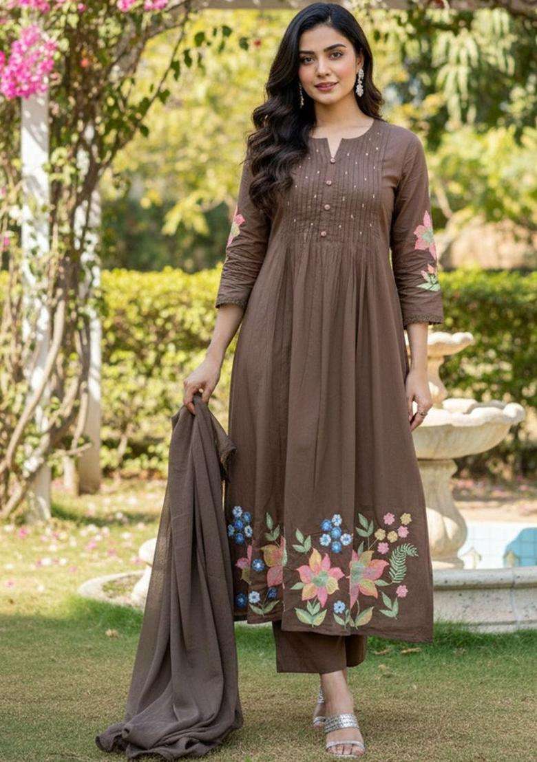 Brown Embroidered Viscose Kurta Set - Indya