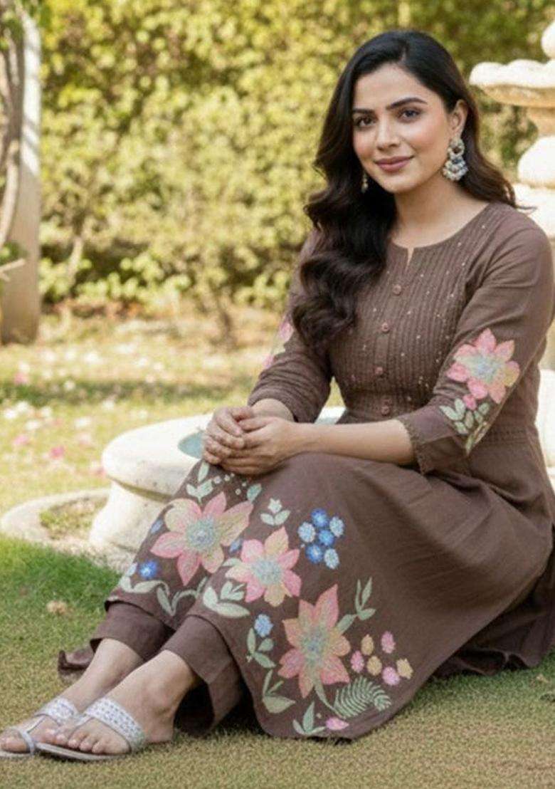 Brown Embroidered Viscose Kurta Set - Indya