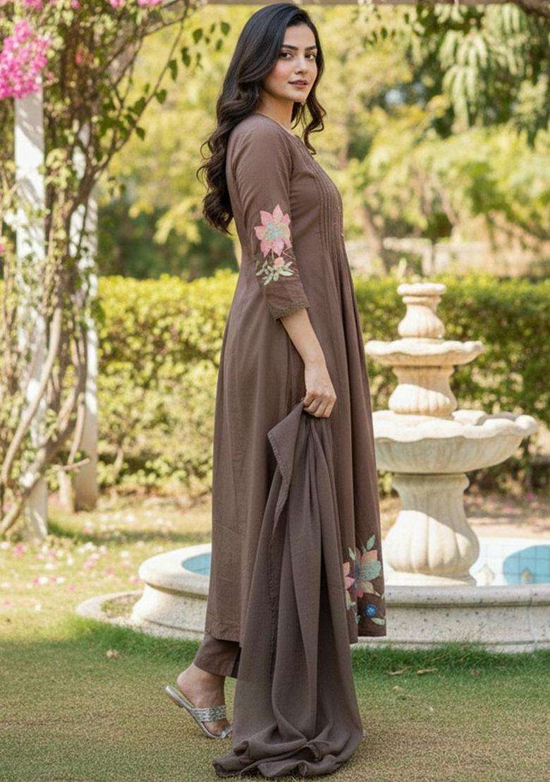 Brown Embroidered Viscose Kurta Set - Indya