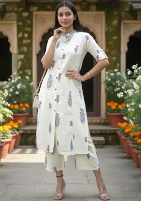Off White Printed Viscose Kurta Set