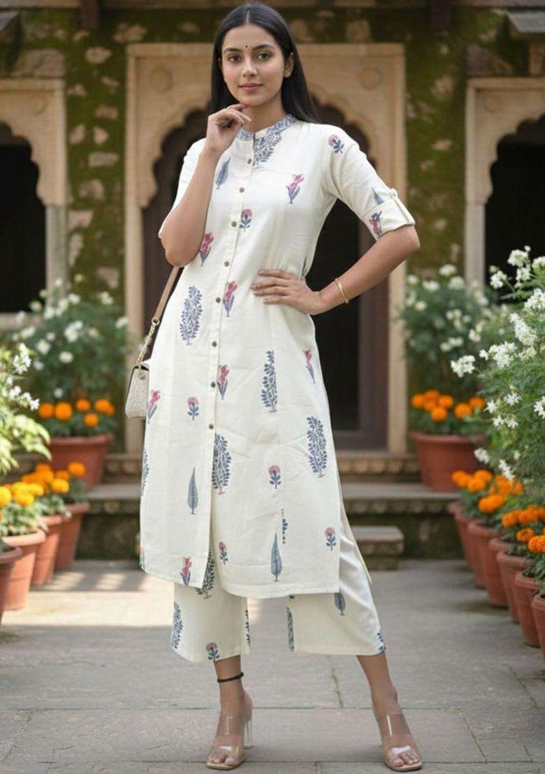 Off White Printed Viscose Kurta Set - Indya