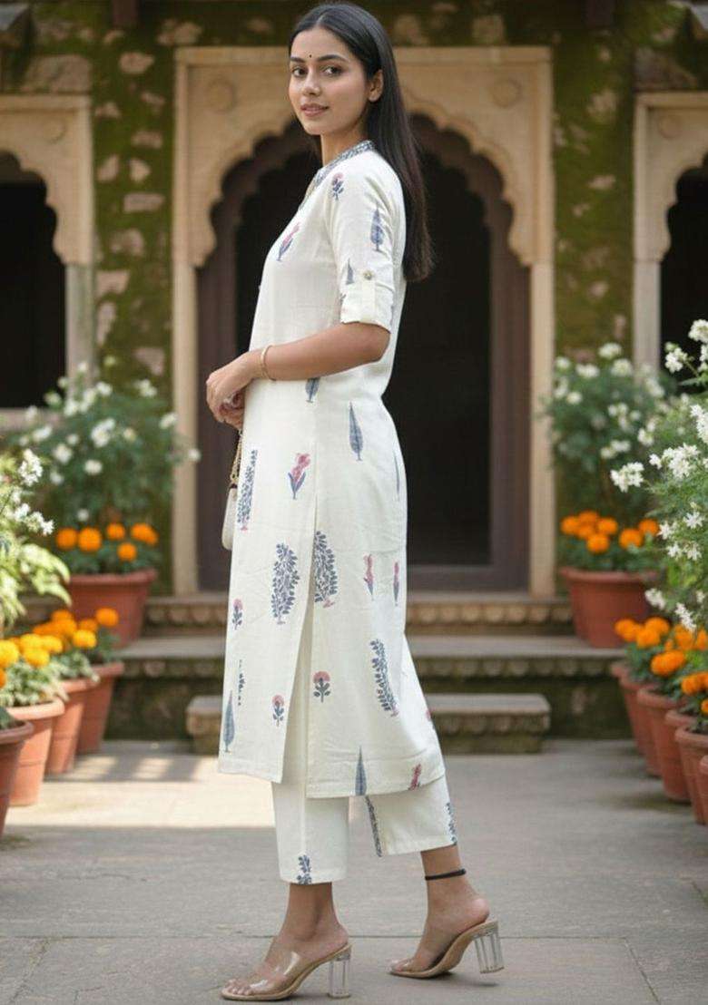 Off White Printed Viscose Kurta Set - Indya