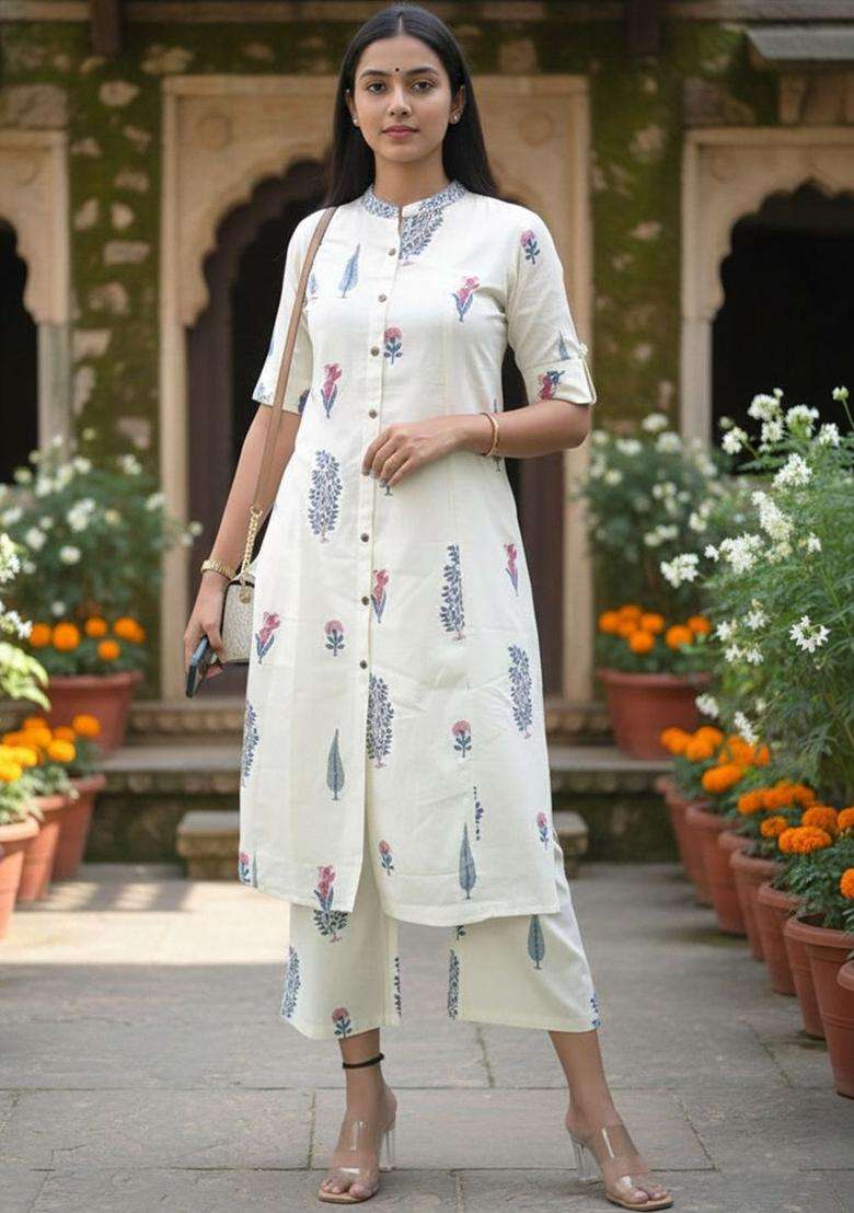 Off White Printed Viscose Kurta Set - Indya