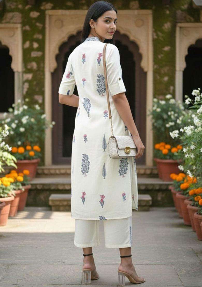 Off White Printed Viscose Kurta Set - Indya