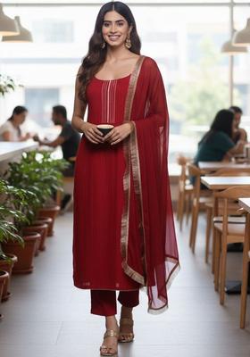Maroon Self Design Silk Blend Kurta Set