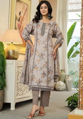 Grey Printed Cotton Kurta Set