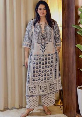 Off White Printed Viscose Kurta Set