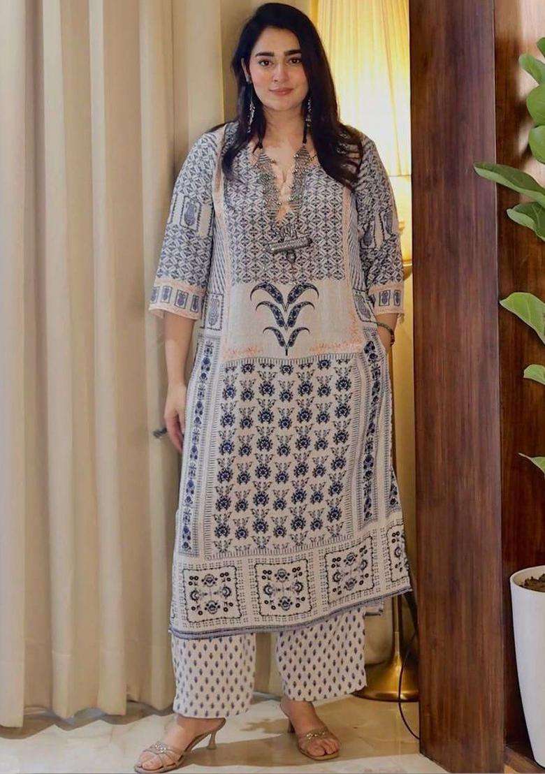 Off White Printed Viscose Kurta Set - Indya