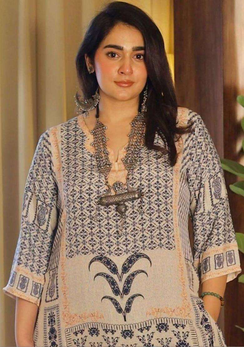 Off White Printed Viscose Kurta Set - Indya