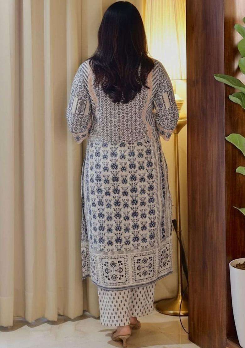 Off White Printed Viscose Kurta Set - Indya