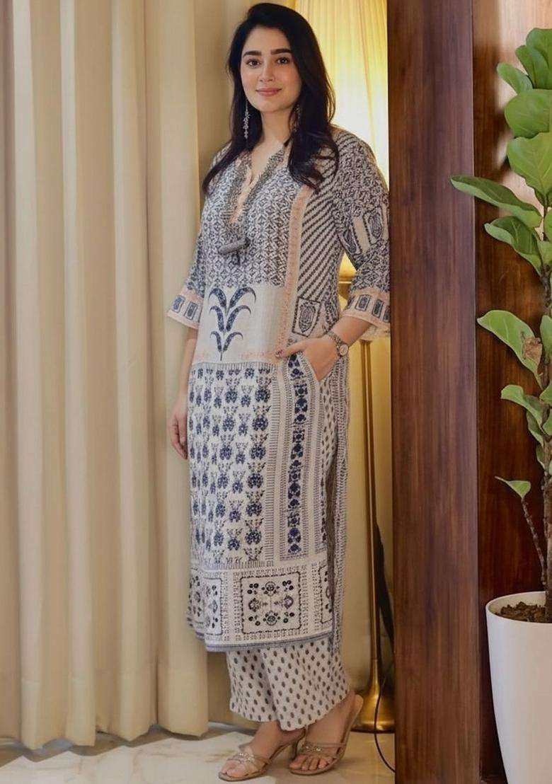 Off White Printed Viscose Kurta Set - Indya