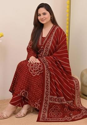 Maroon Printed Viscose Kurta Set