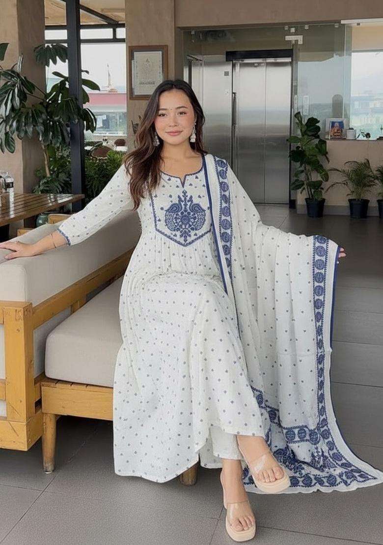 Off White Printed Viscose Kurta Set - Indya