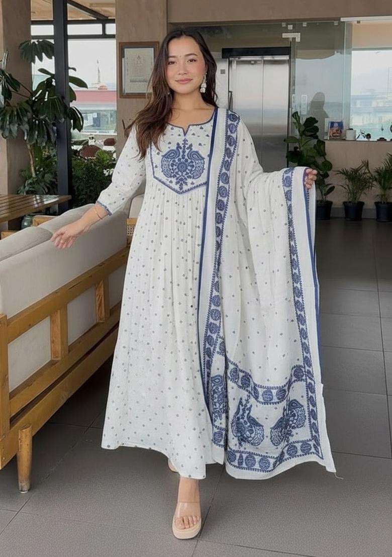 Off White Printed Viscose Kurta Set - Indya