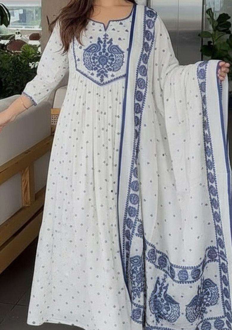 Off White Printed Viscose Kurta Set - Indya