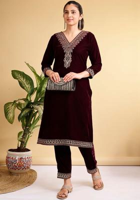 Maroon Embroidered Velvet Kurta Set
