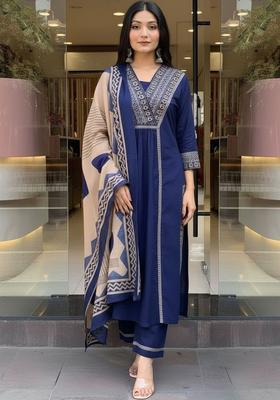 Navy Blue Solid Viscose Kurta Set