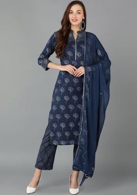 Navy Blue Printed Cotton Kurta Set