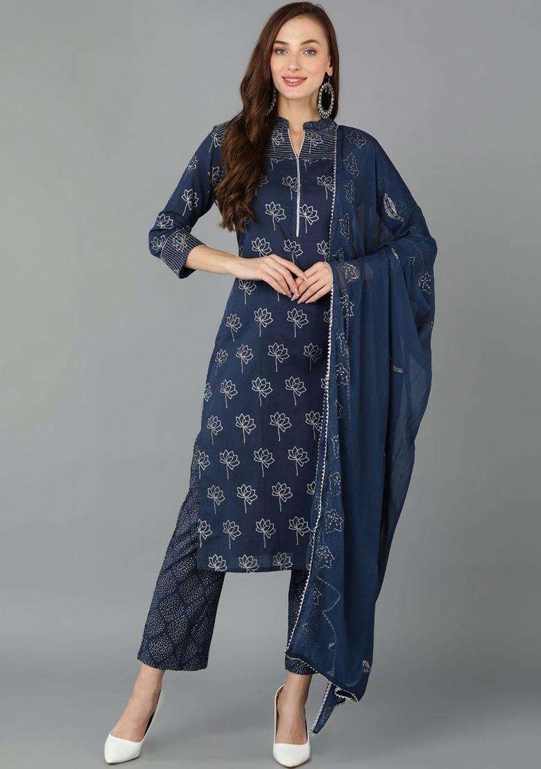 Navy Blue Printed Cotton Kurta Set - Indya