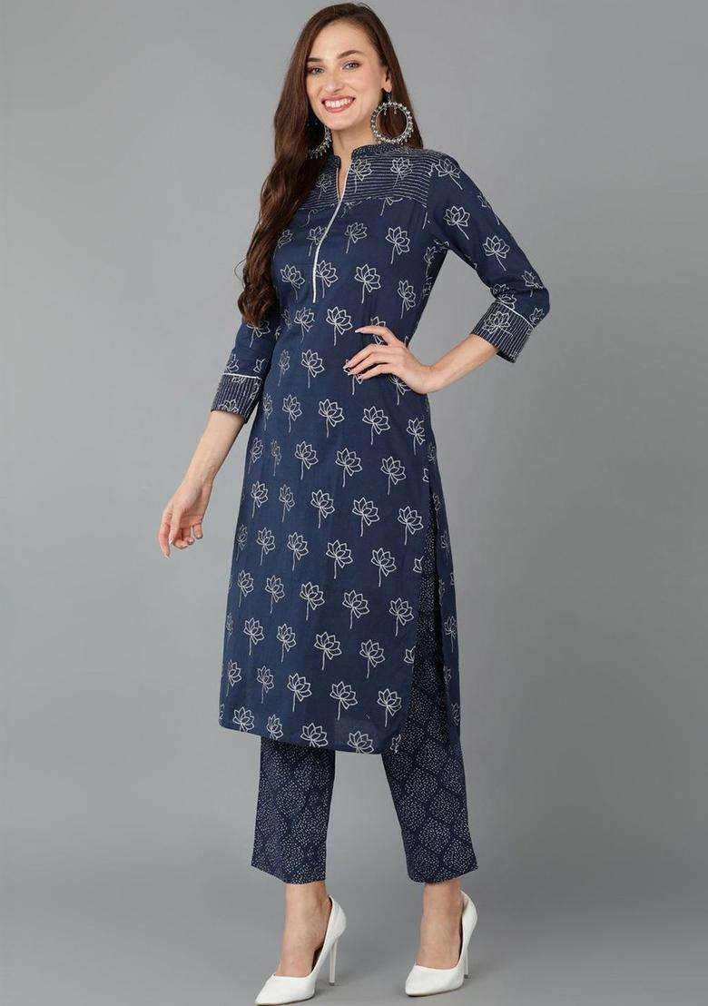 Navy Blue Printed Cotton Kurta Set - Indya