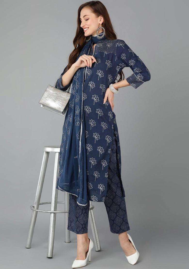 Navy Blue Printed Cotton Kurta Set - Indya