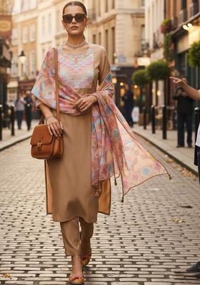 Beige Embroidered Cotton Kurta Set