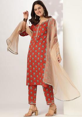 Red Printed Cotton Kurta Set