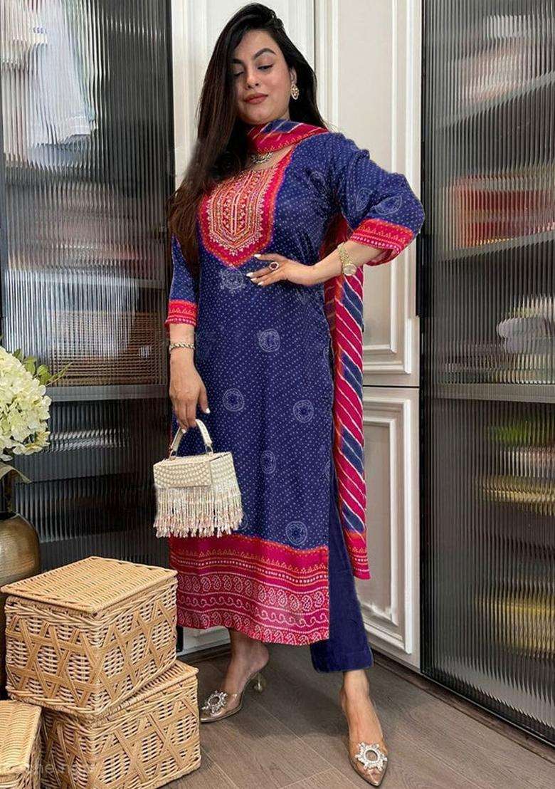 Navy Blue Printed Viscose Kurta Set - Indya