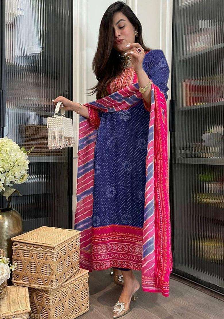 Navy Blue Printed Viscose Kurta Set - Indya