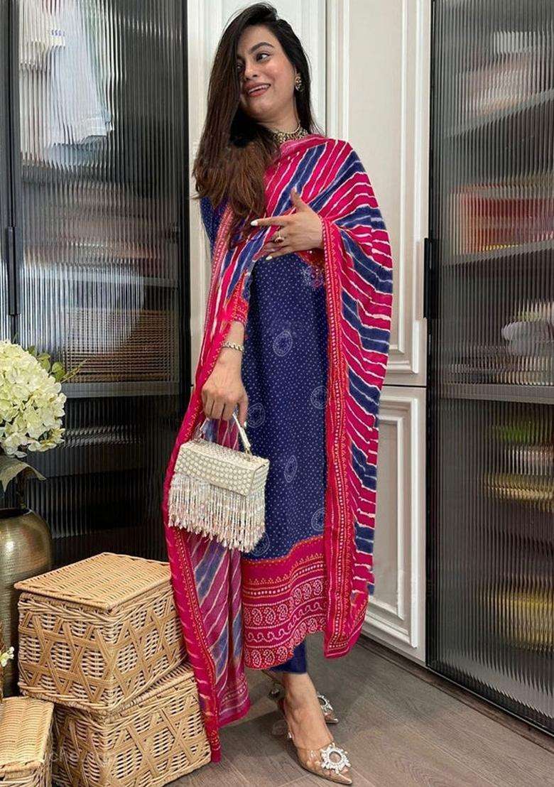 Navy Blue Printed Viscose Kurta Set - Indya