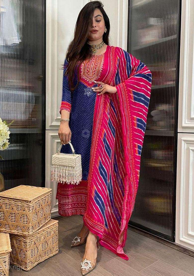 Navy Blue Printed Viscose Kurta Set - Indya