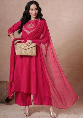 Fuchsia Embroidered Viscose Kurta Set