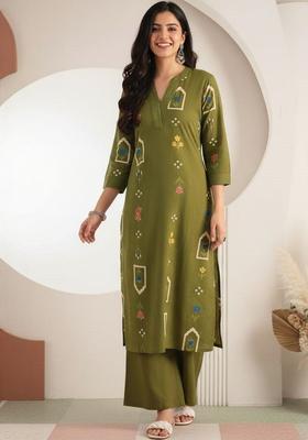 Olive Printed Cotton Kurta Set