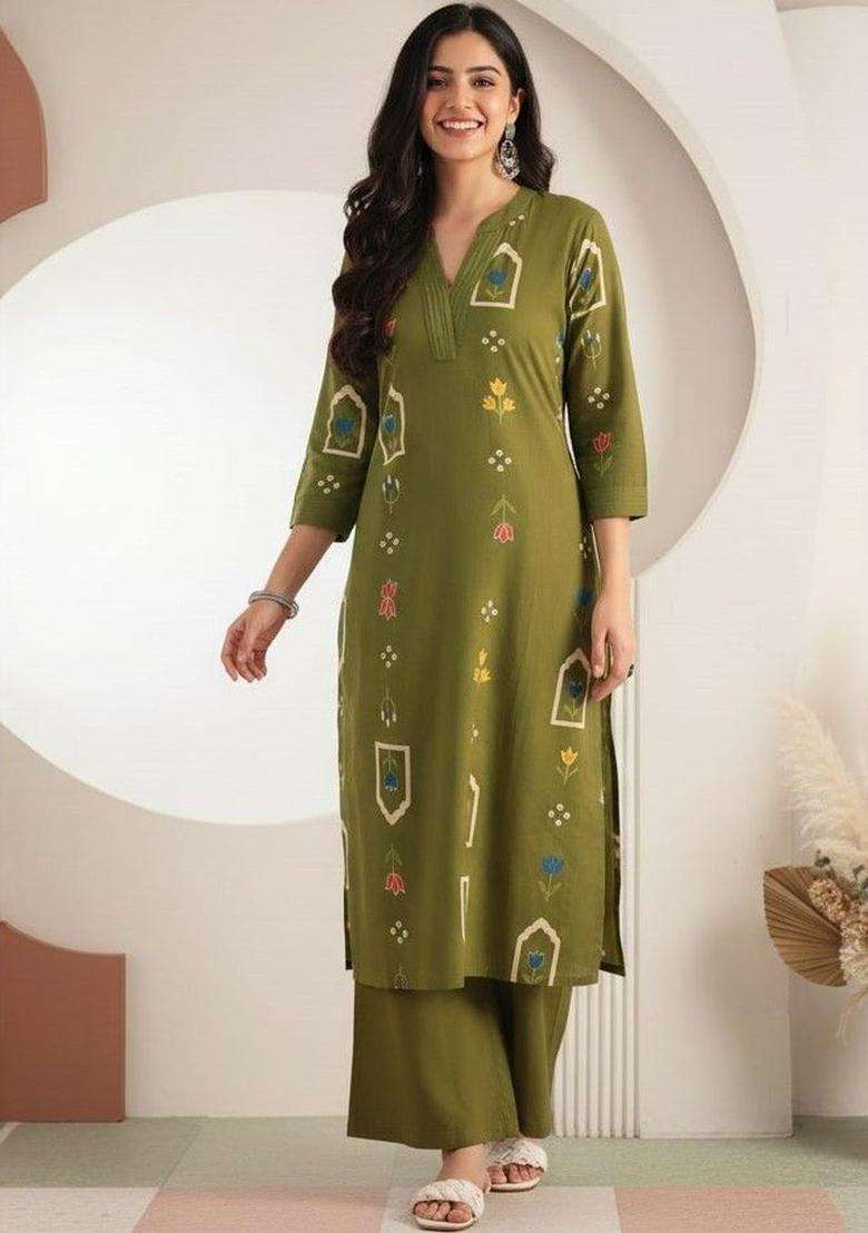 Olive Printed Cotton Kurta Set - Indya