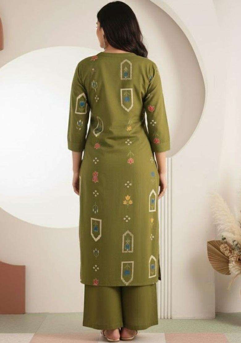 Olive Printed Cotton Kurta Set - Indya