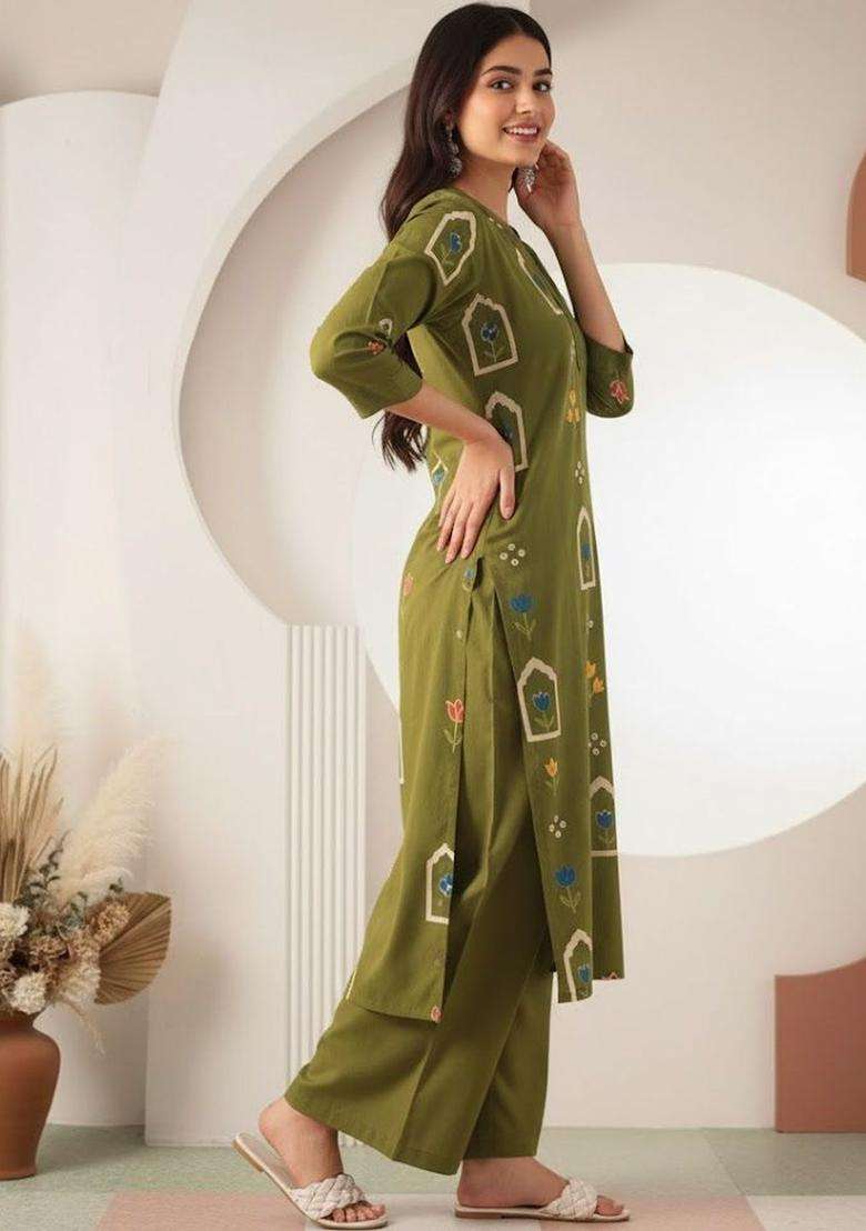 Olive Printed Cotton Kurta Set - Indya